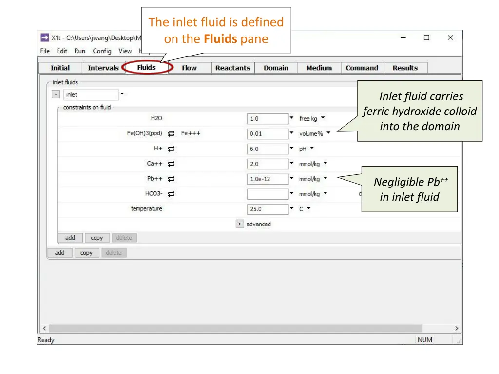 the inlet fluid is defined on the fluids pane