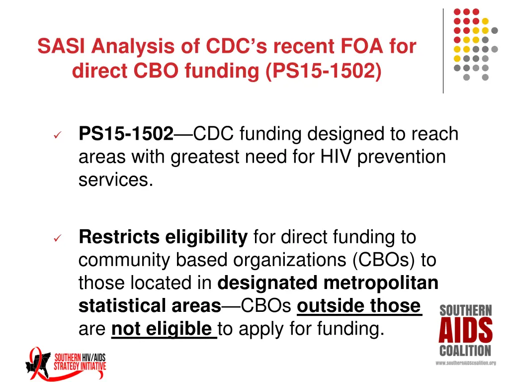 sasi analysis of cdc s recent foa for direct