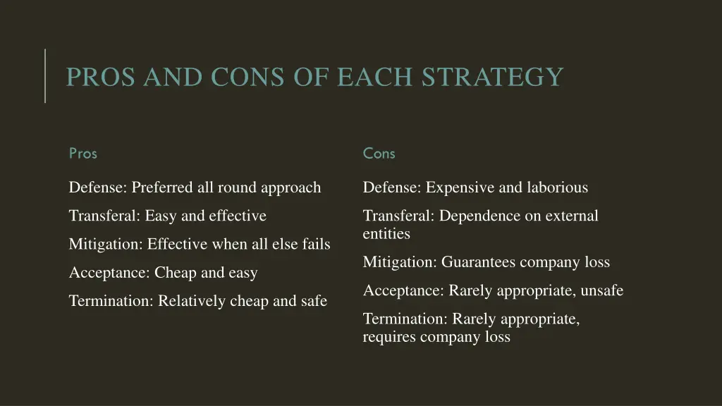 pros and cons of each strategy