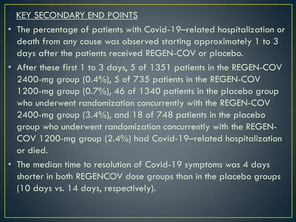 key secondary end points the percentage