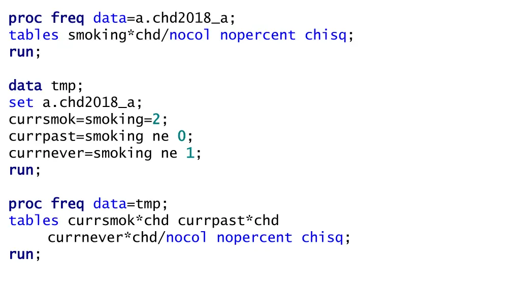 proc proc freq tables smoking chd nocol nopercent 1