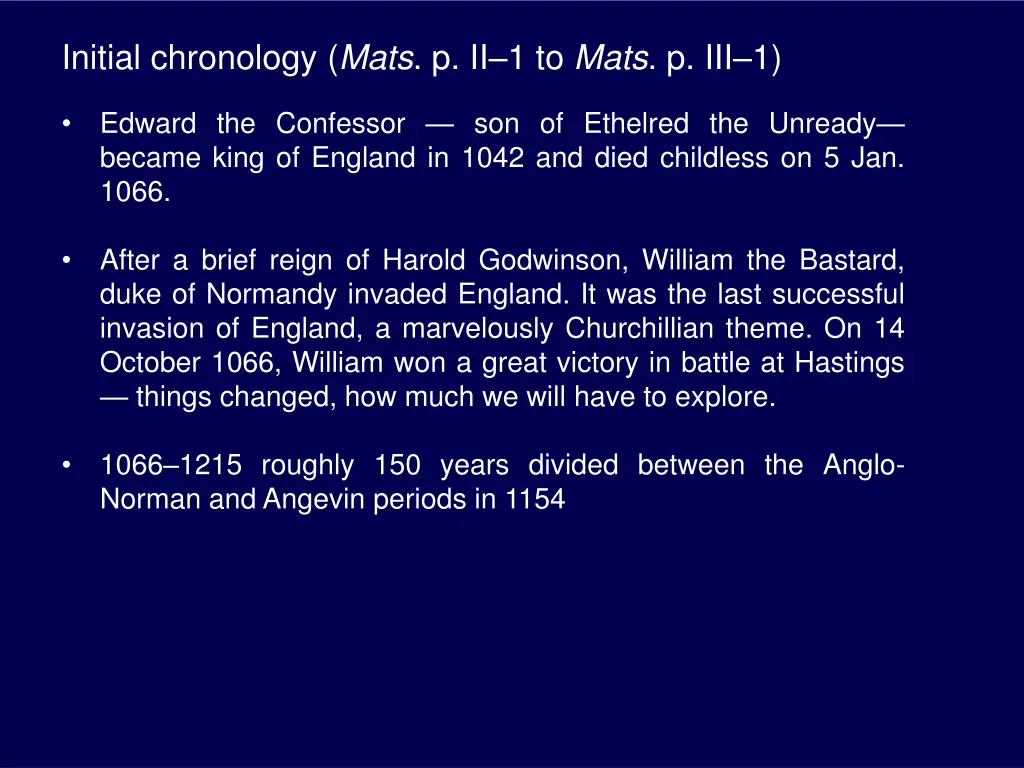 initial chronology mats p ii 1 to mats p iii 1