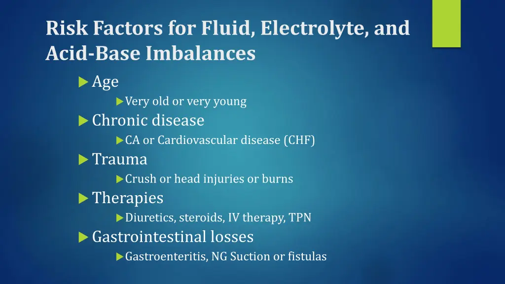 risk factors for fluid electrolyte and acid base