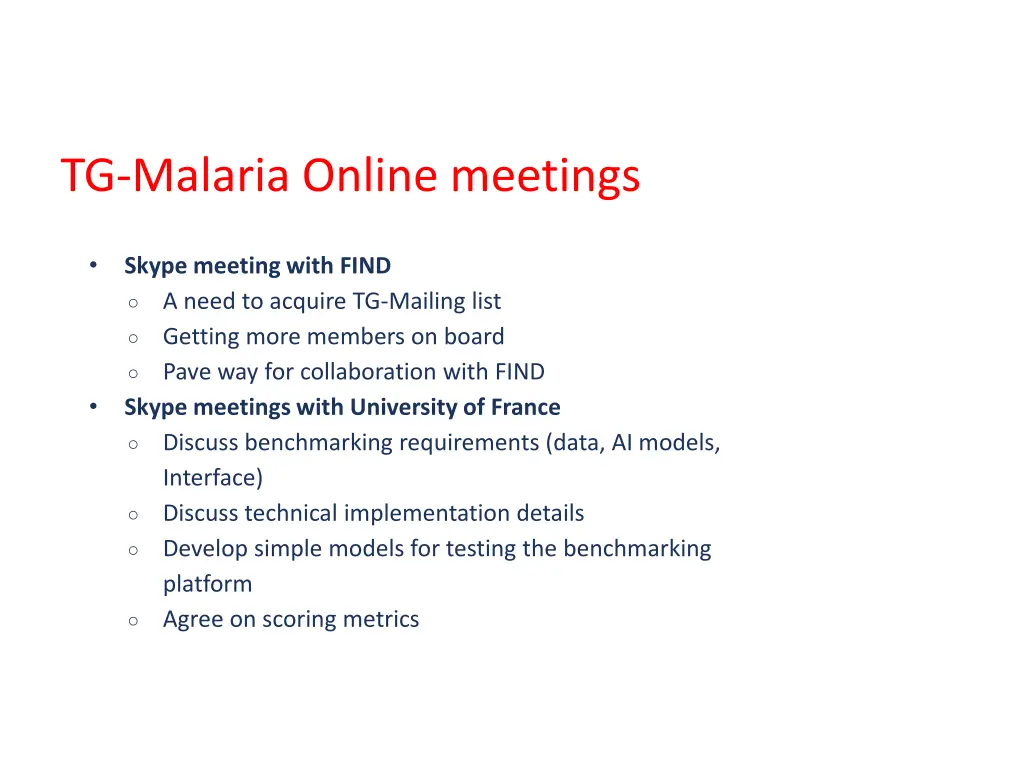 tg malaria online meetings