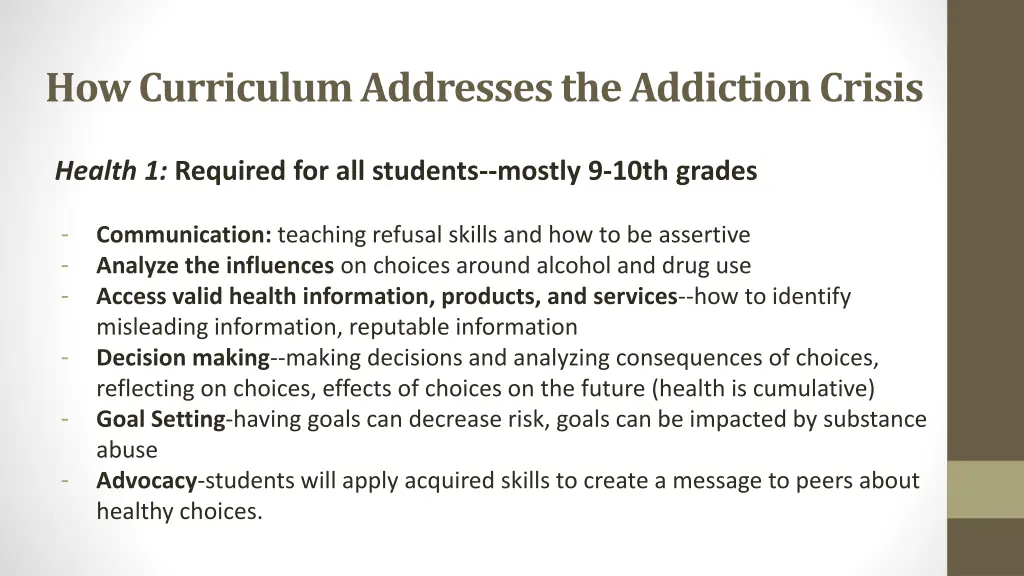 how curriculum addresses the addiction crisis