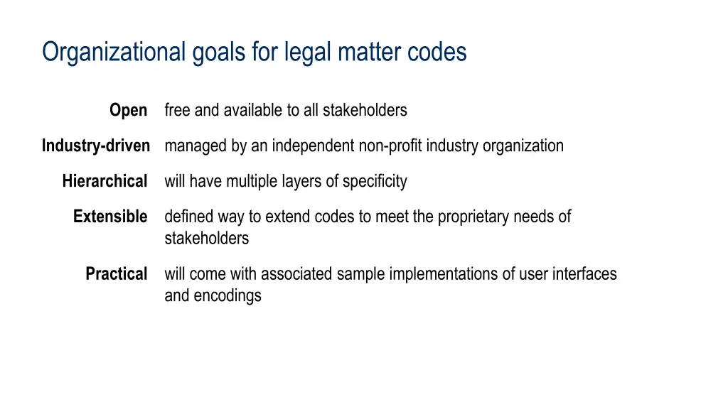 organizational goals for legal matter codes