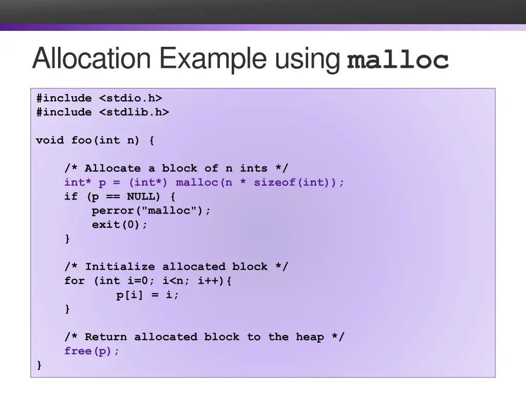 allocation example using malloc