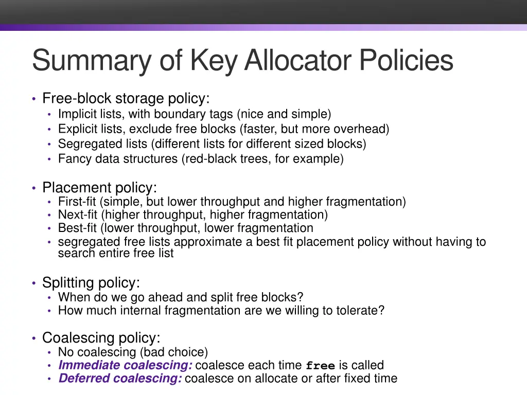 summary of key allocator policies