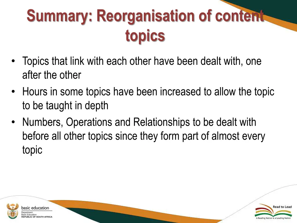 summary reorganisation of content topics topics 1