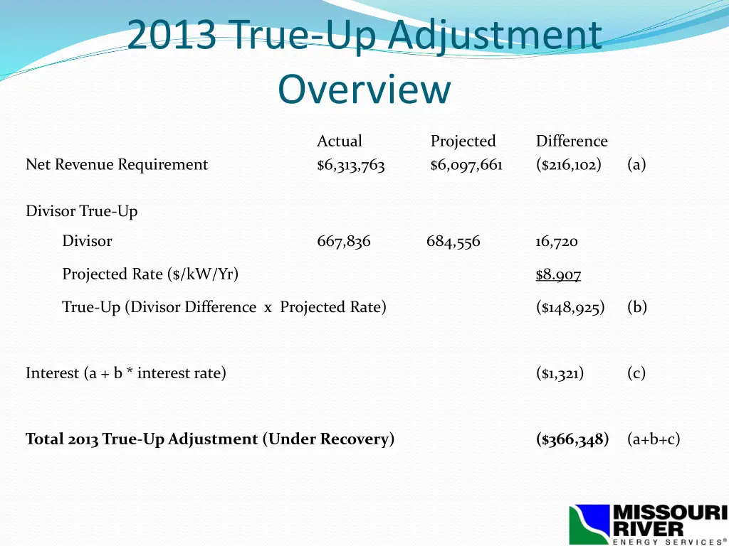 2013 true up adjustment overview