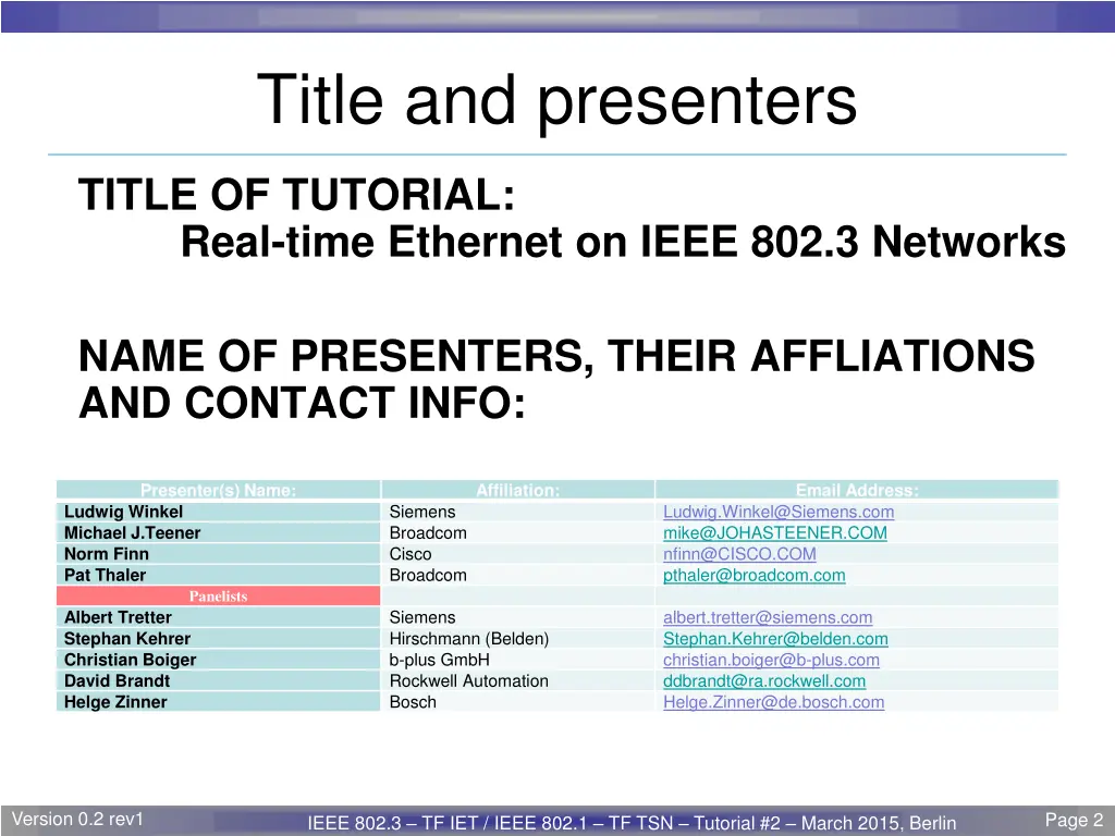 title and presenters