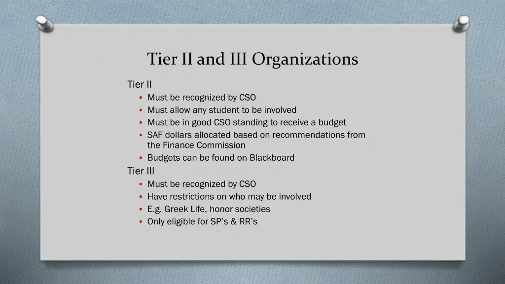tier ii and iii organizations