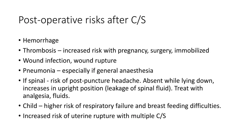 post operative risks after c s