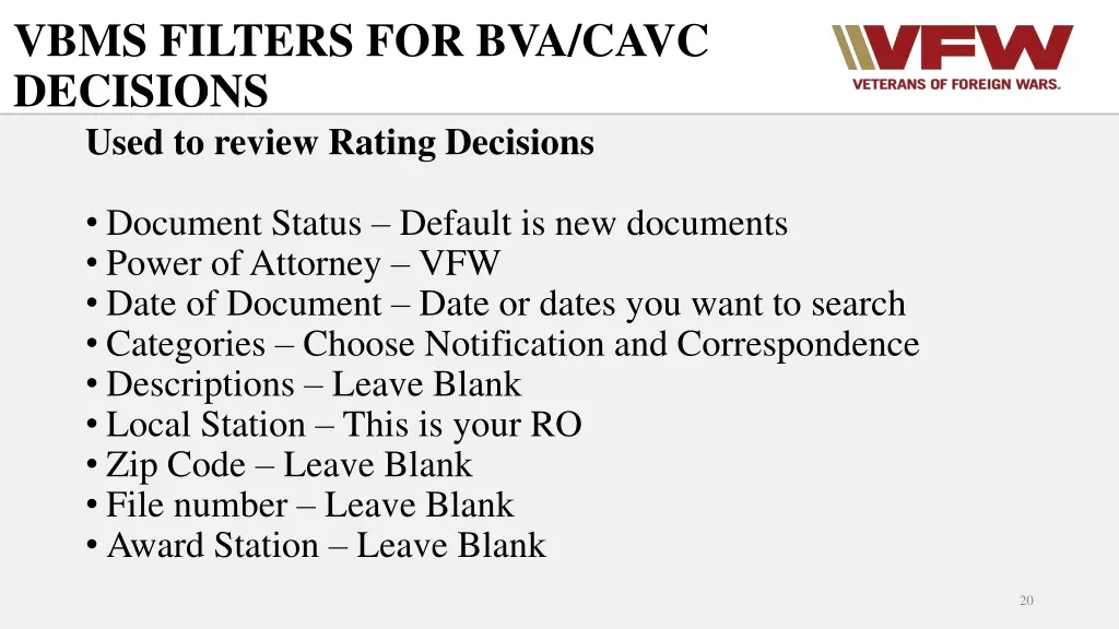 vbms filters for bva cavc decisions used