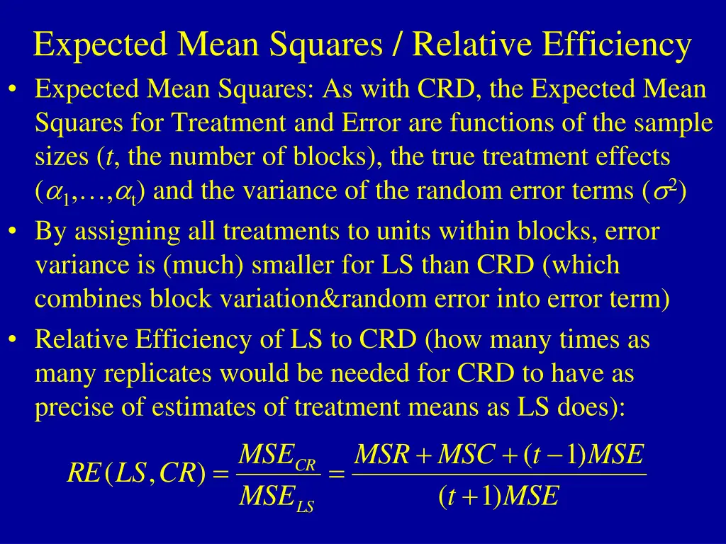 expected mean squares relative efficiency 1