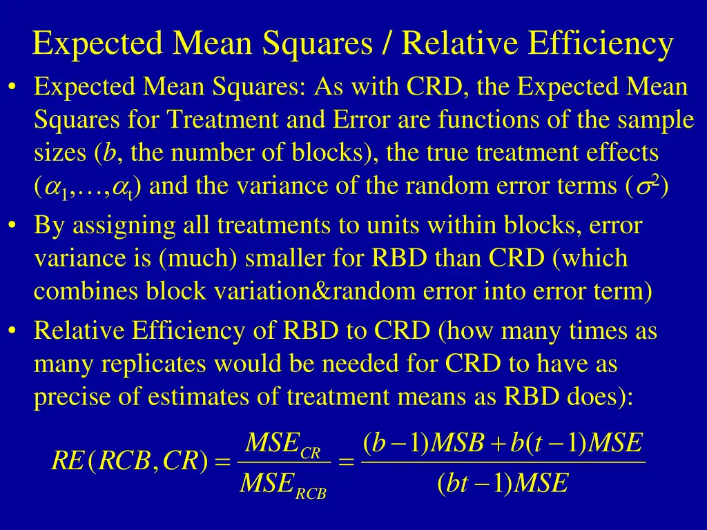 expected mean squares relative efficiency
