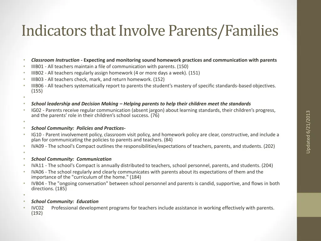 indicators that involve parents families
