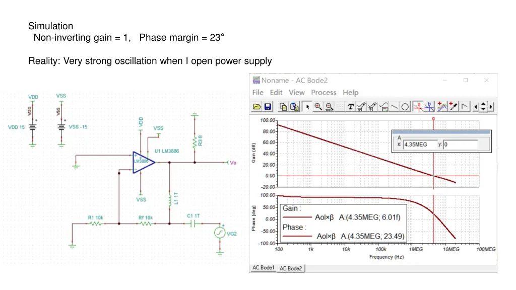 simulation non inverting gain 1 phase margin 23