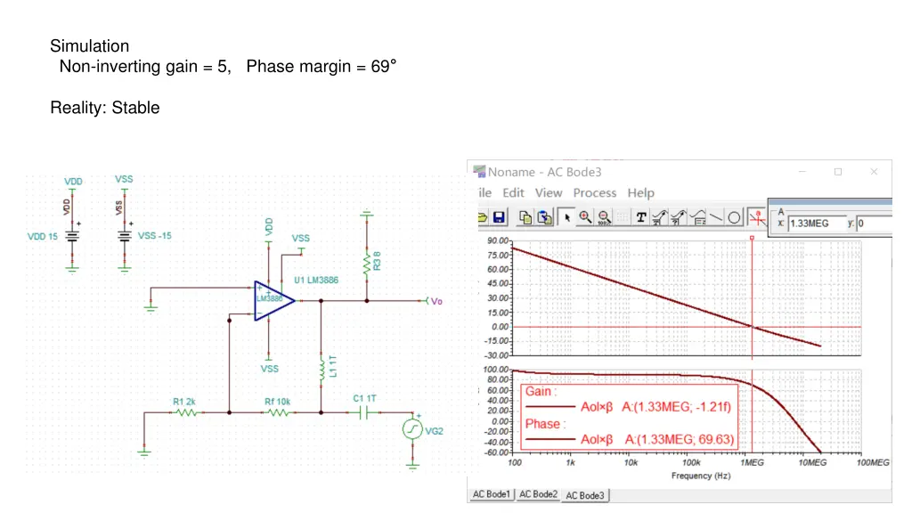 simulation non inverting gain 5 phase margin 69