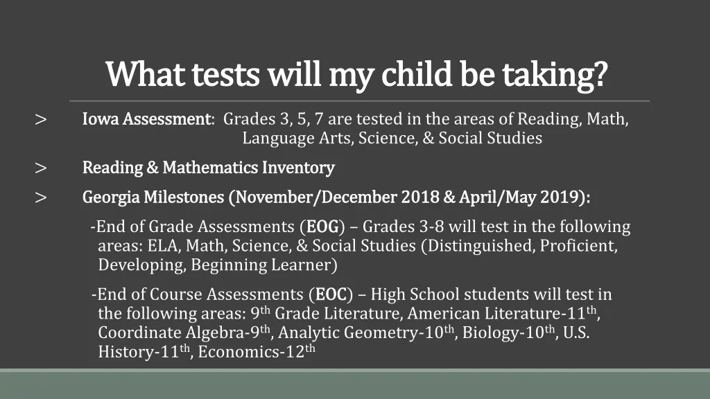 what tests will my child be taking what tests