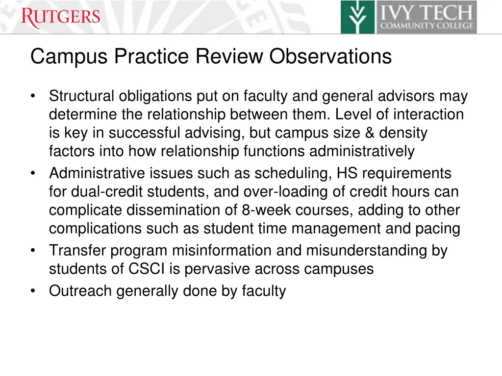 campus practice review observations