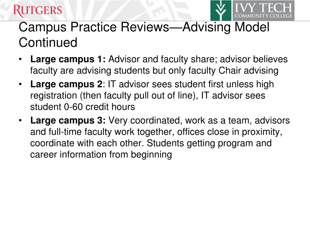 campus practice reviews advising model continued