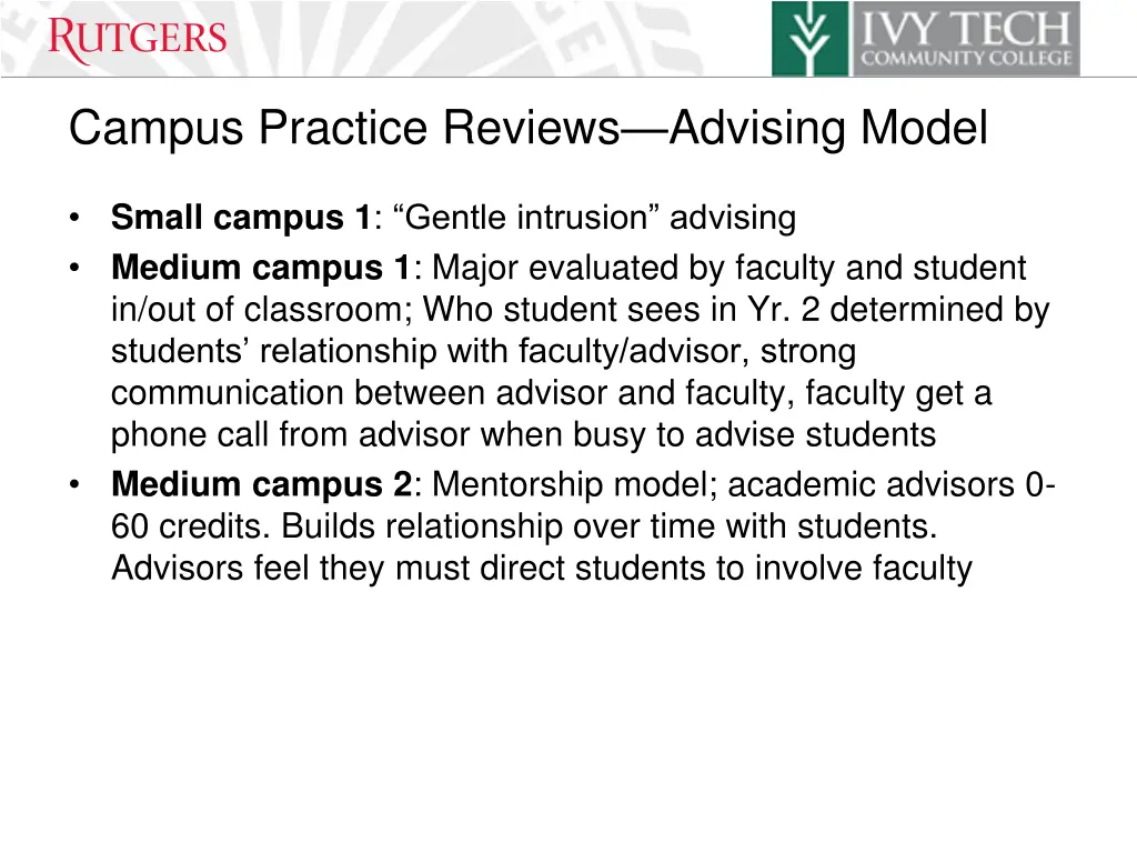 campus practice reviews advising model