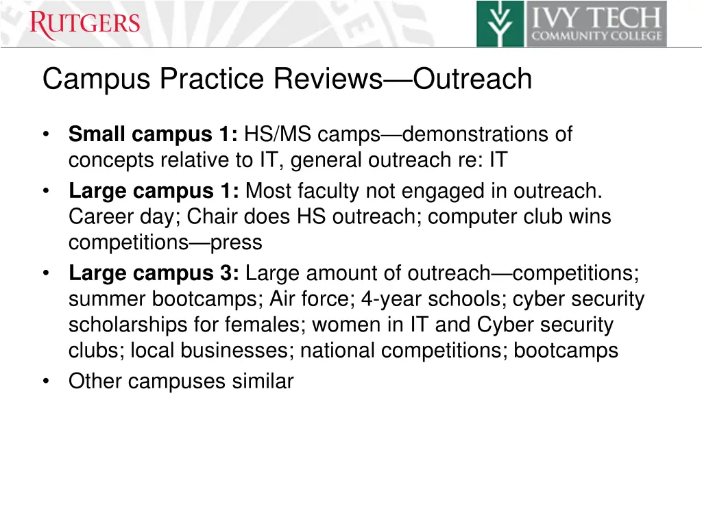 campus practice reviews outreach