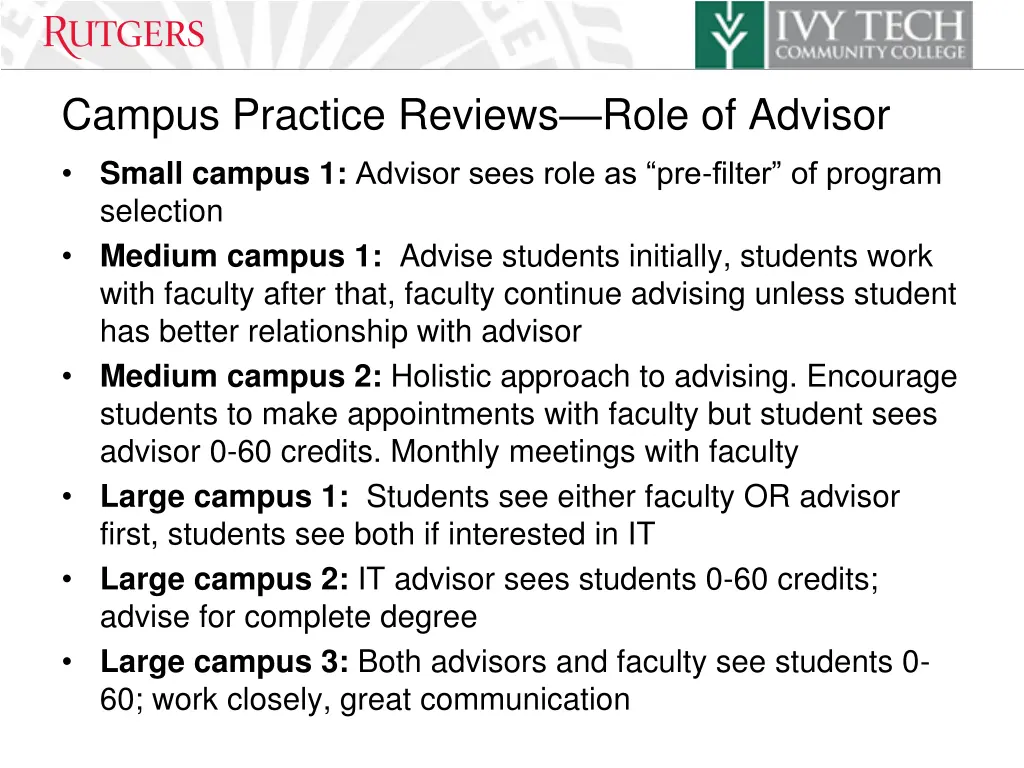 campus practice reviews role of advisor small