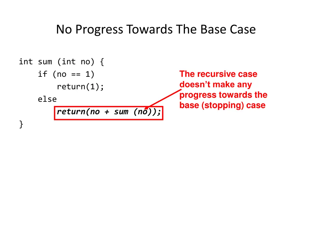 no progress towards the base case 1