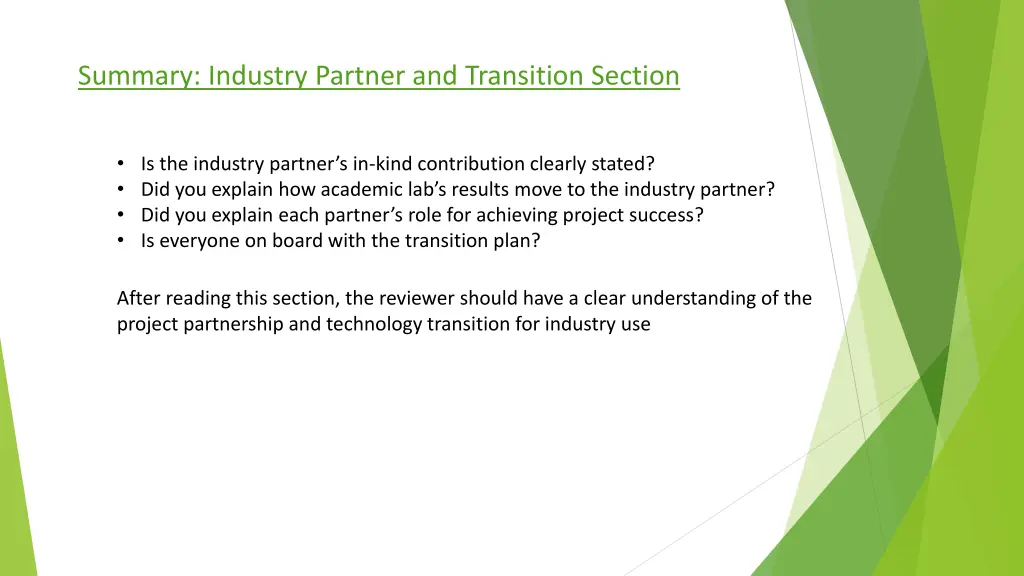 summary industry partner and transition section