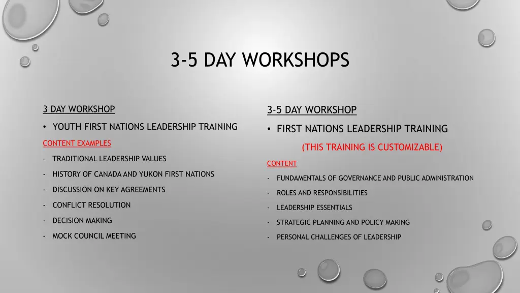 3 5 day workshops