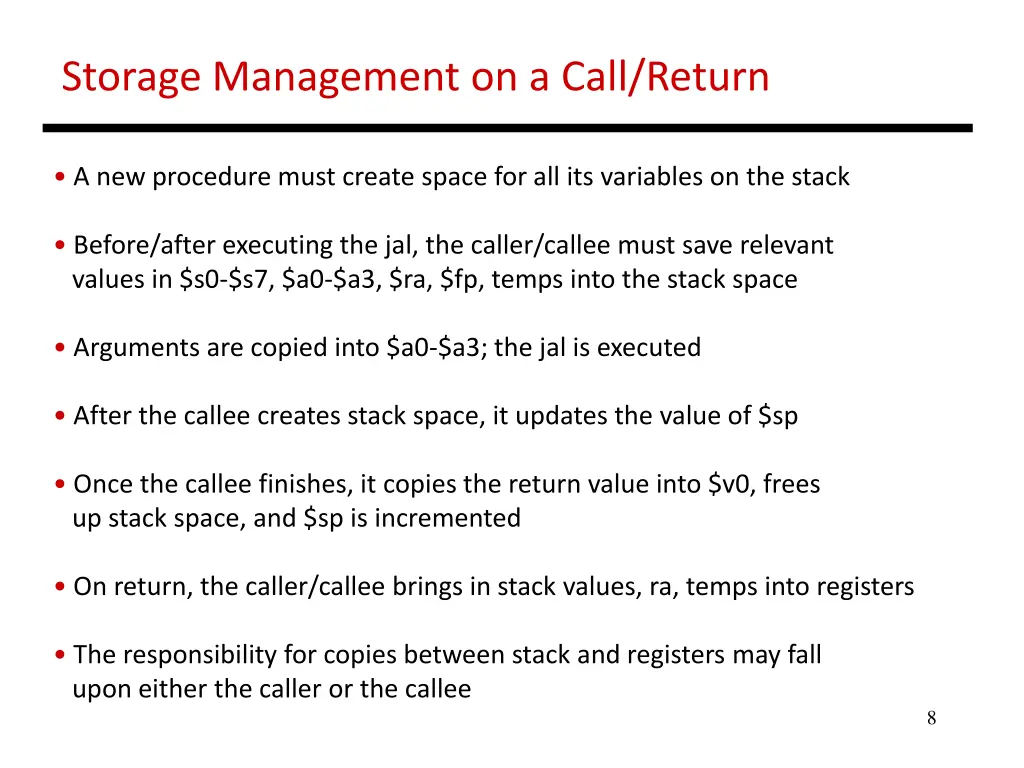 storage management on a call return