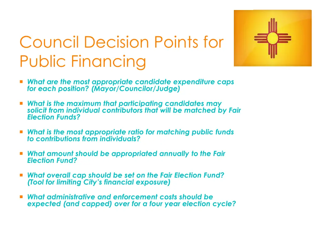 council decision points for public financing