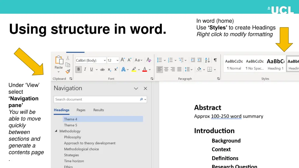 in word home use styles to create headings right