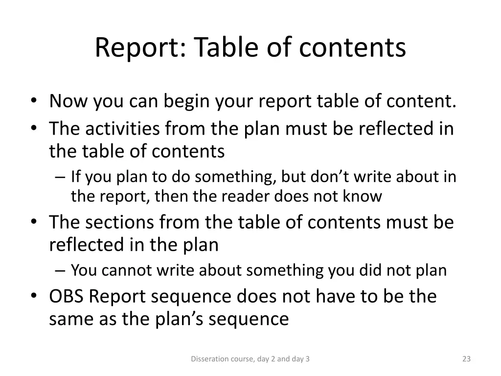 report table of contents