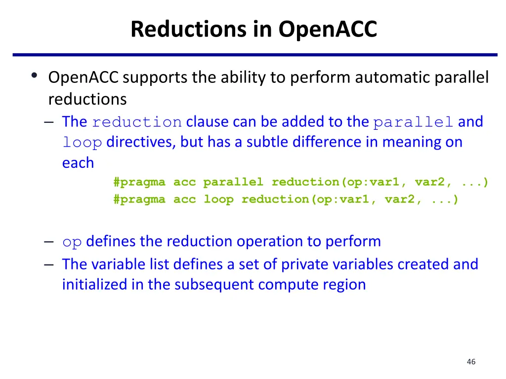 reductions in openacc