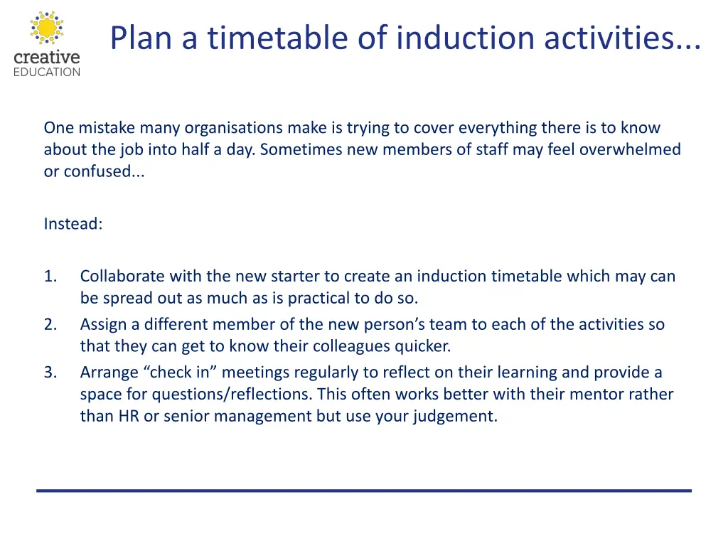 plan a timetable of induction activities