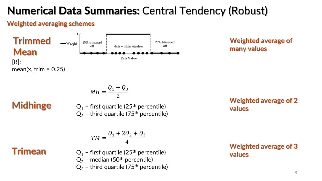 numerical data summaries central tendency robust