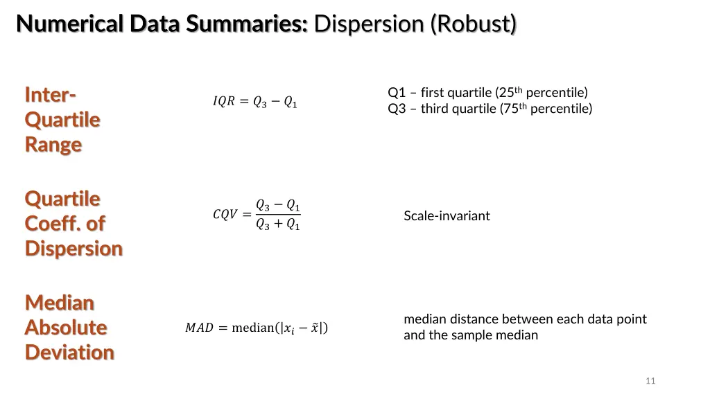 numerical data summaries dispersion robust