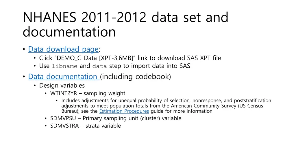 nhanes 2011 2012 data set and documentation