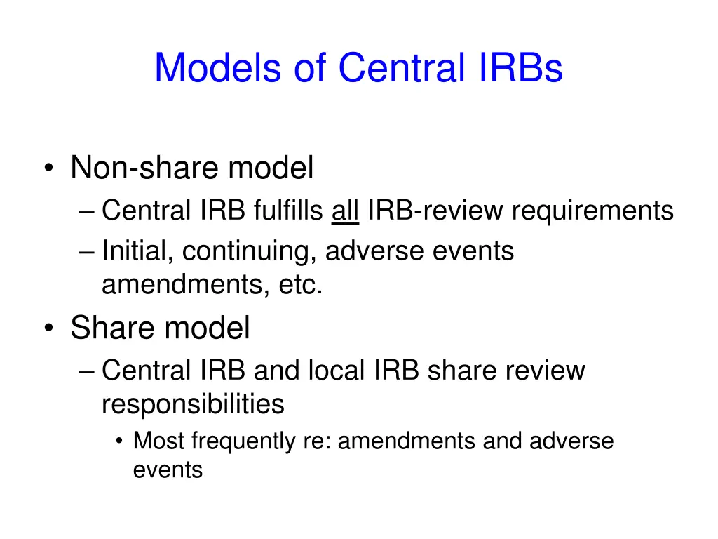 models of central irbs
