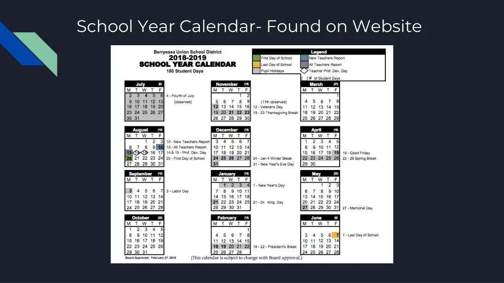 school year calendar found on website