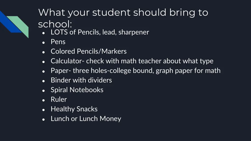 what your student should bring to school lots