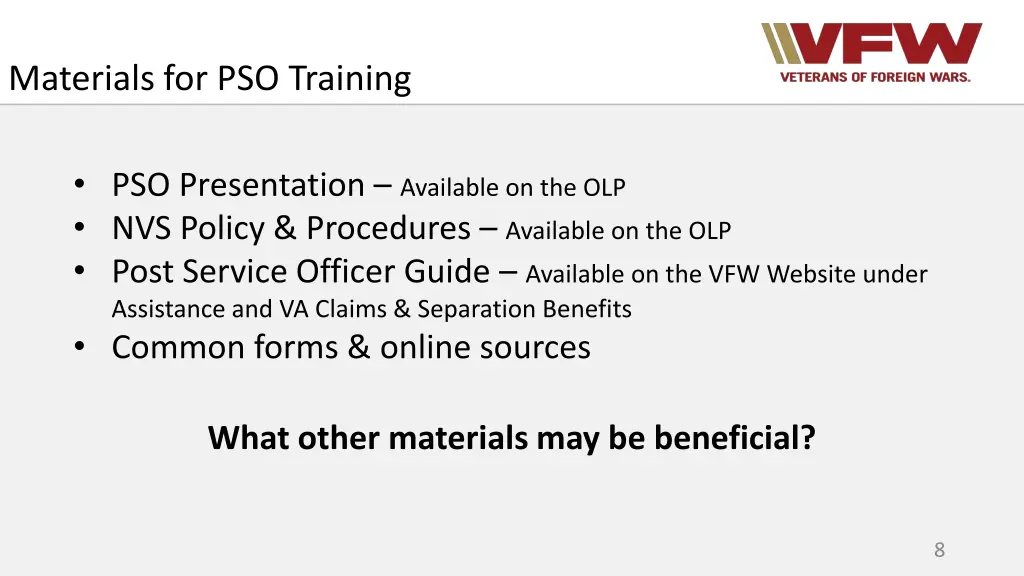 materials for pso training