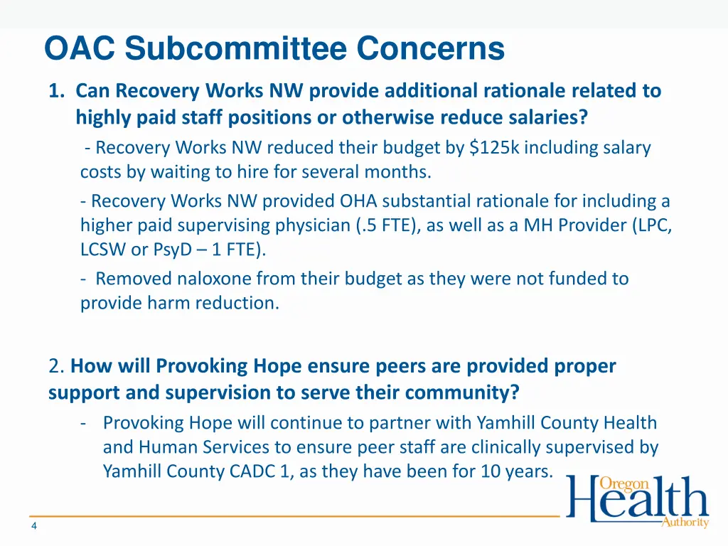 oac subcommittee concerns