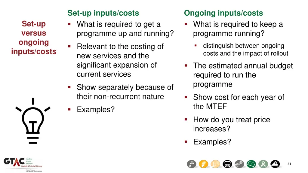 set up inputs costs what is required