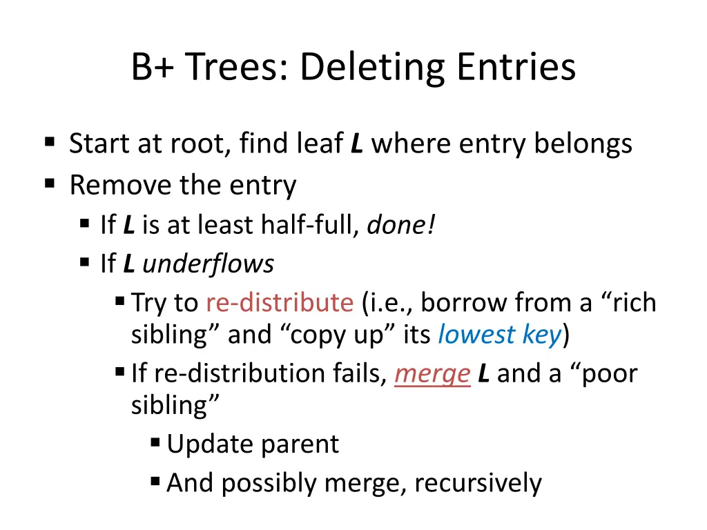 b trees deleting entries