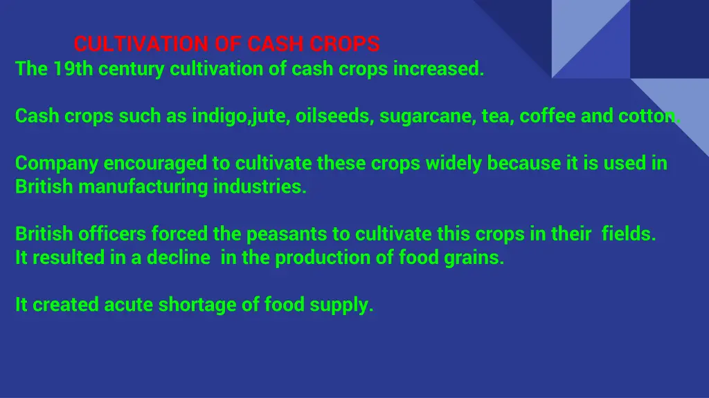 cultivation of cash crops the 19th century