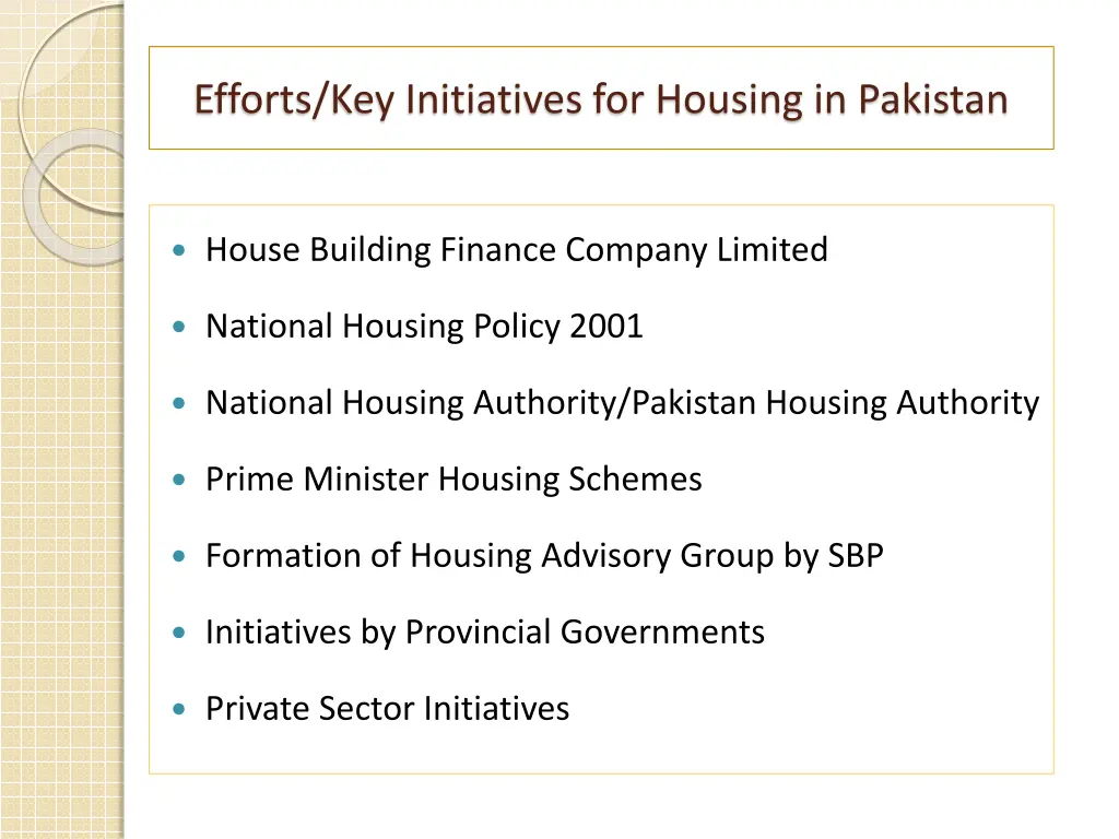 efforts key initiatives for housing in pakistan